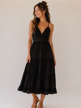Love Tree Black Tiered Crochet Bodice Midi Black Embroidery Dress NWOT S